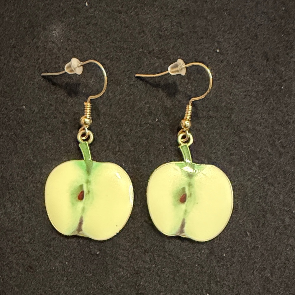 Green Apple Slice Dangle Earrings with Gold Hooks